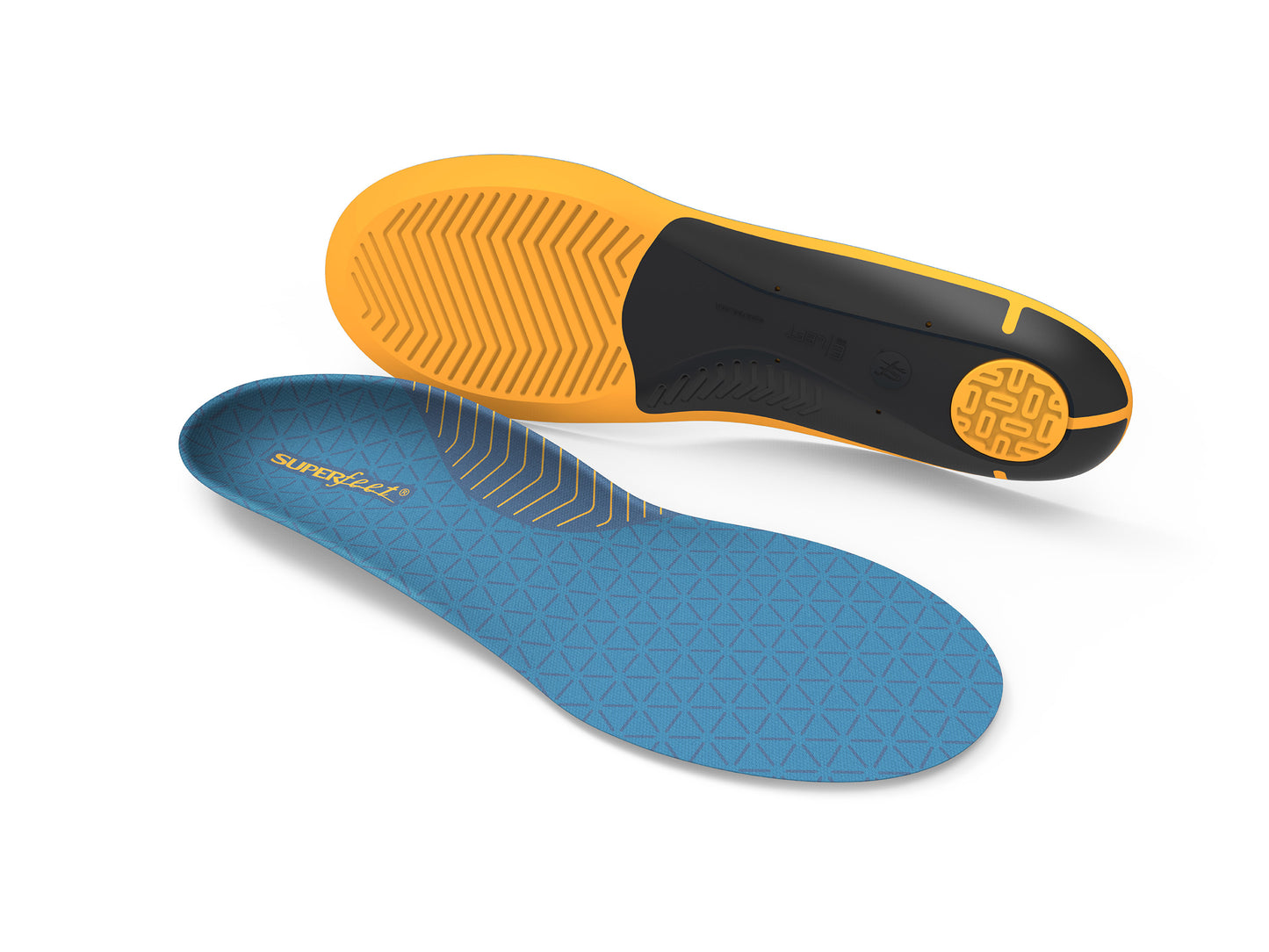 A pair of blue and yellow cushion insoles designed for work shoes, with a textured pattern on the top surface and the brand name 'Superfeet' visible.