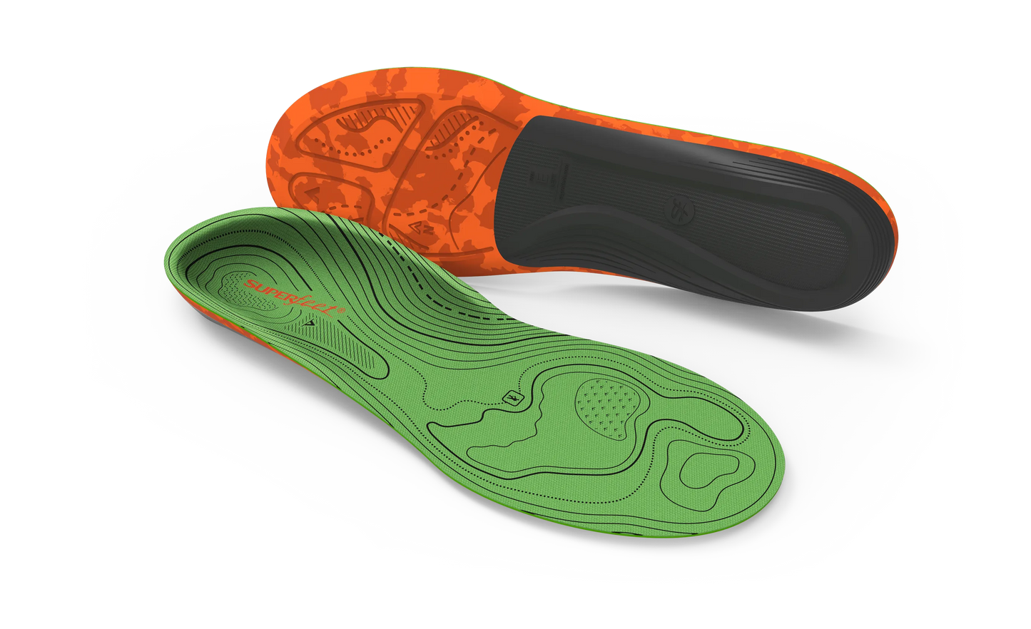 Green and orange shoe insoles on a light gray background
