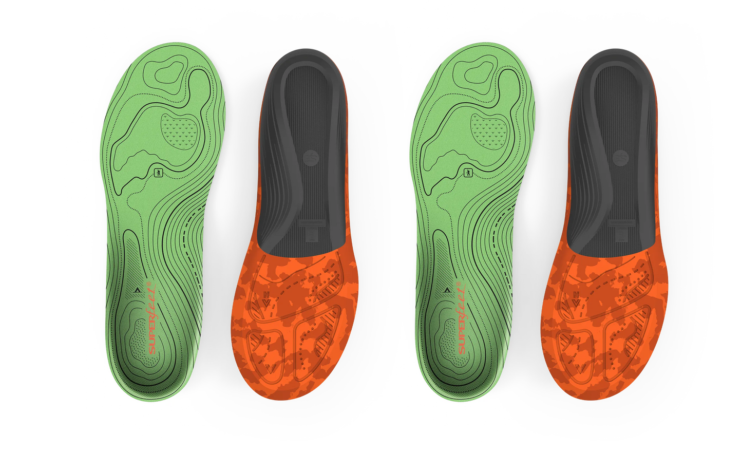 Two pairs of green and orange shoe insoles on a light gray background