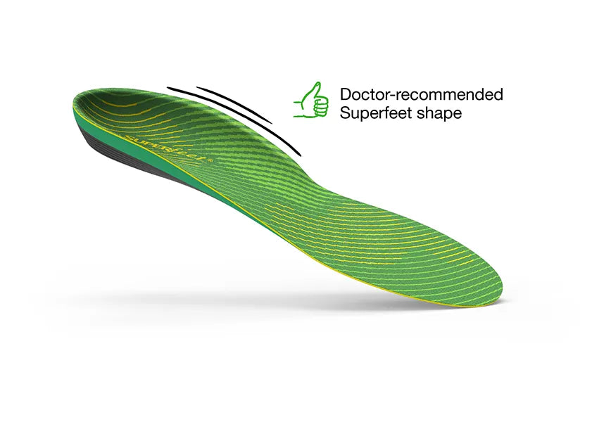 View of the top of a single Superfeet Run Support High Arch Insole with thumbs-up icon and text that says Doctor-recommended Superfeet shape.
