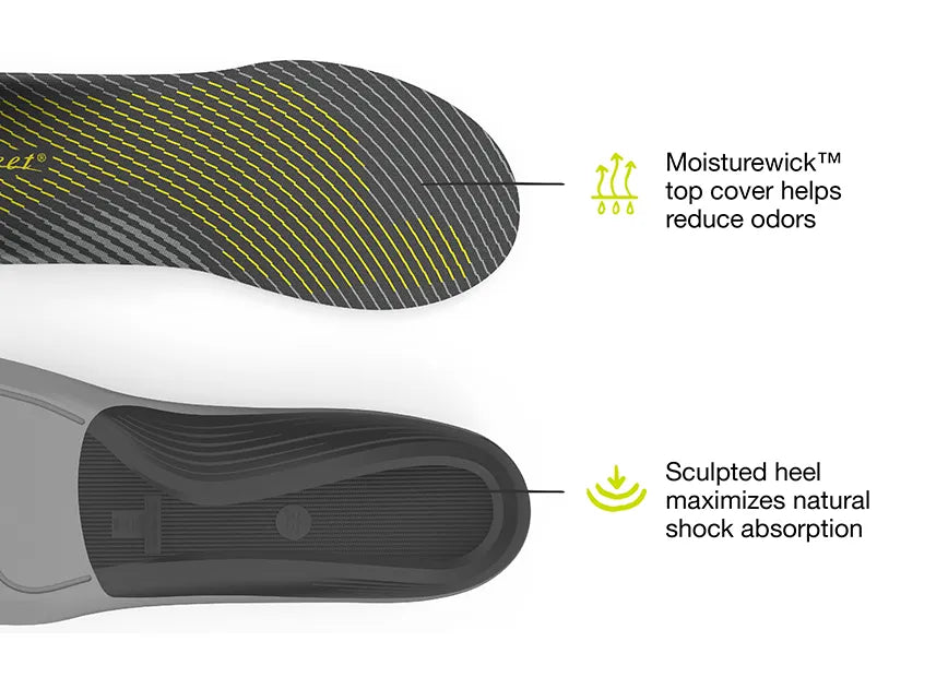 Superfeet Run Support Low Arch Insoles with feature highlights that say Moisturewick top cover helps reduce odors and Sculpted heel maximizes natural shock absorption.