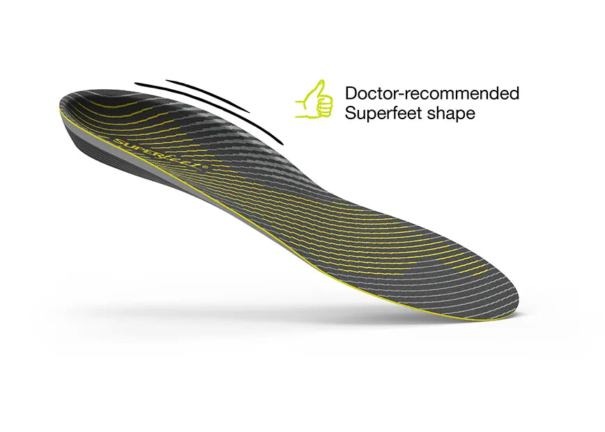 Superfeet Run Support Low Arch Insole with feature highlight and thumbs up logo that says Doctor-recommended Supferfeet shape.