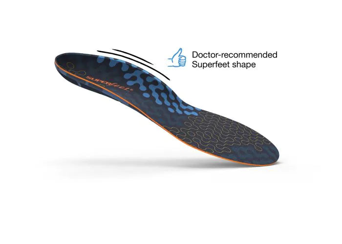 Top view of Superfeet Run Cushion Medium Arch right foot insole with doctor-recommended shape